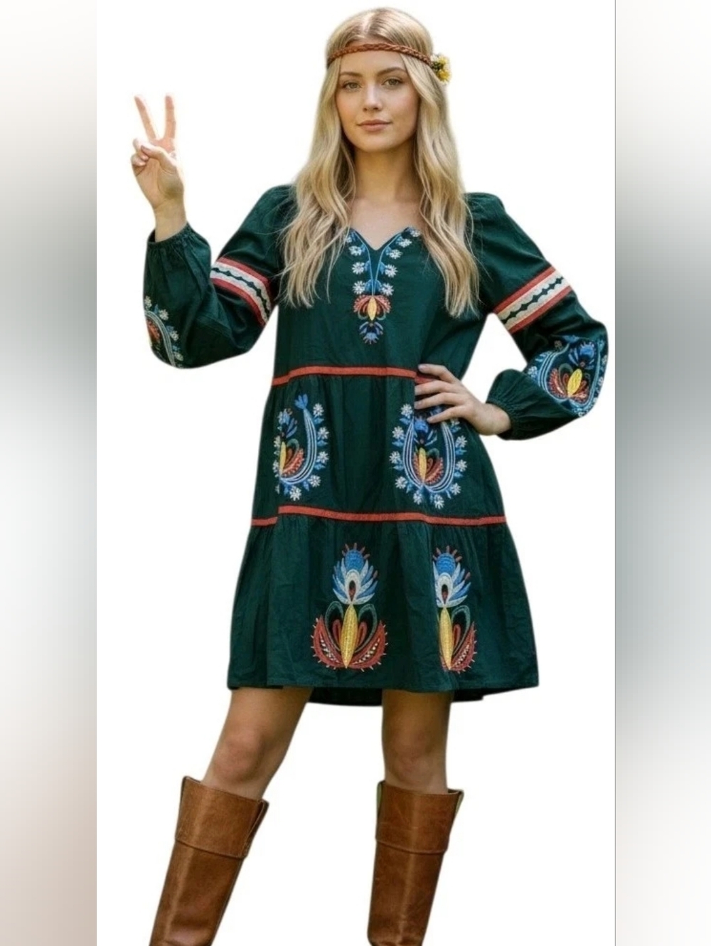 NWT Anthropologie Let Me Be Embroidered Tunic Dress Green Size Large 100% Cotton